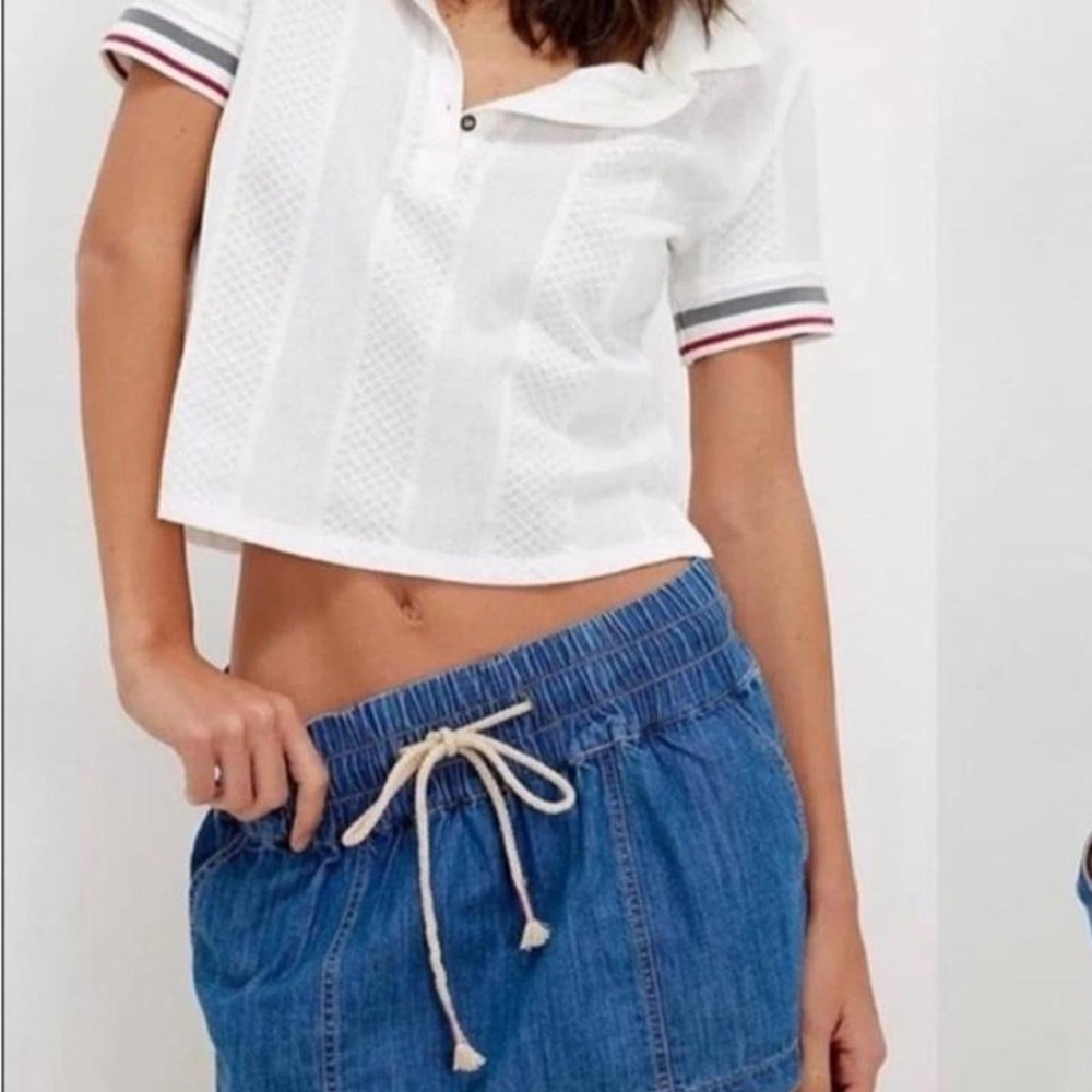 Free People We The Free Chambray Denim Drawstring Mini Skort Blue Elastic Waist